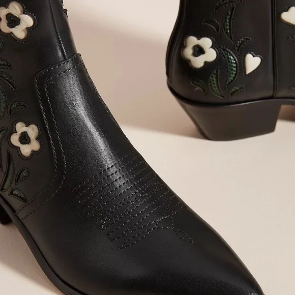 RARE Loeffler Randall Joni Western Ankle BootsBlack Green Floral Cowboy Boots